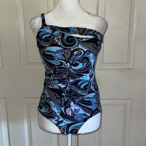 Calvin Klein Blue And Purple Print One Shoulder One Piece Swimsuit